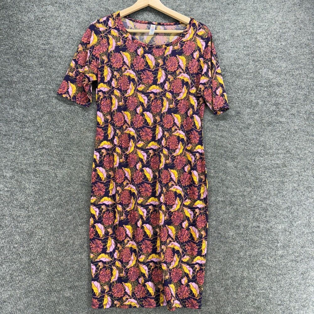 LulaRoe Dress Women M Medium Pink Floral Shift Midi Short Sleeve Round Neck